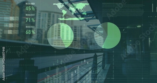 Fototapeta Image of data processing and diagrams over train station