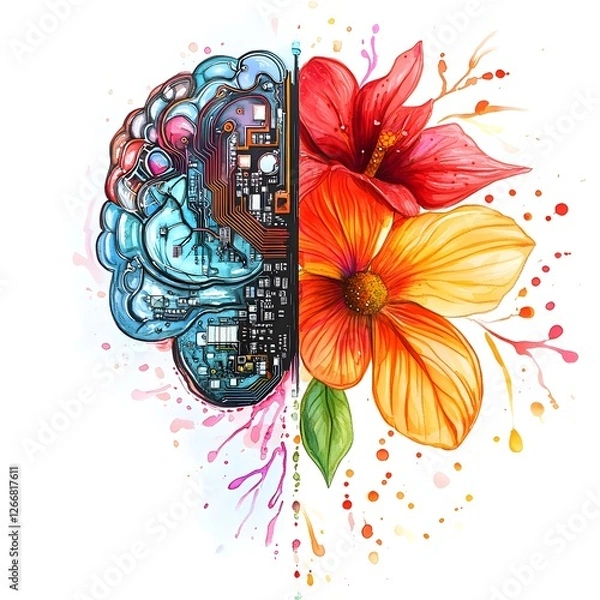 Fototapeta Computer circuit board with a flower and brainwave patterns representing technology and nature