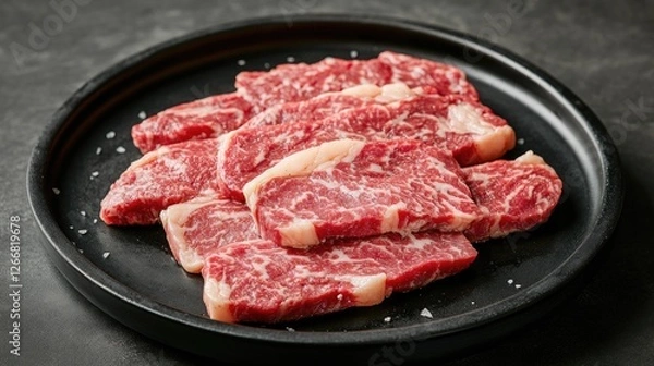 Fototapeta A black plate featuring raw meat on a table