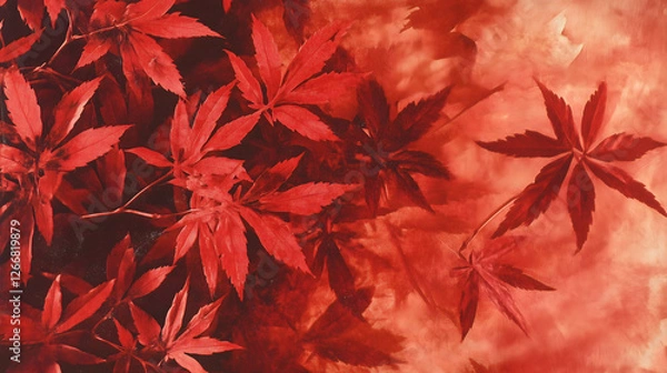 Fototapeta Close-up of red maple leaves, the texture is clearly visible, printed on colored paper with color film