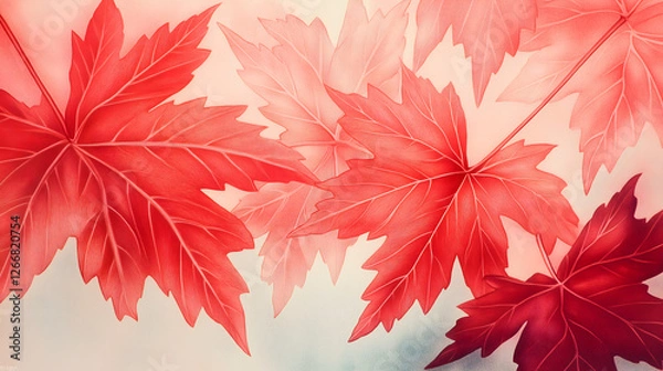 Fototapeta Close-up of red maple leaves, the texture is clearly visible, printed on colored paper with color film