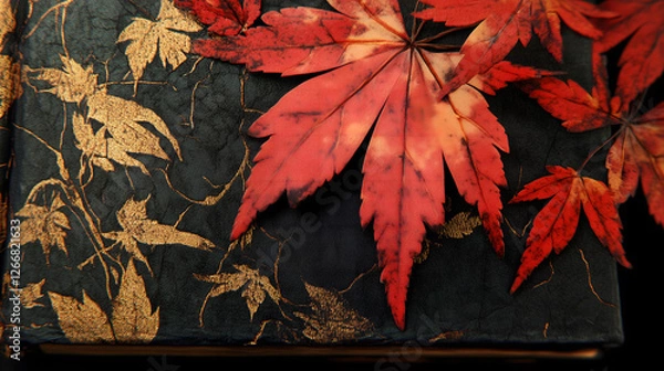 Fototapeta Red maple leaves, close-up, patterned background, photorealistic landscapes, red and gold color scheme