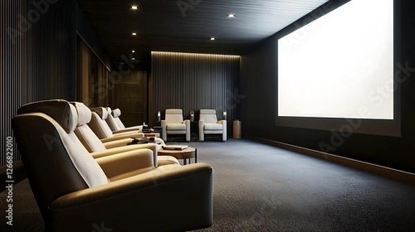 Fototapeta A dark room with a large screen and several chairs