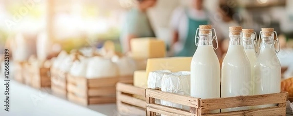 Fototapeta Local dairy products at the fresh market. Fresh milk bottles in rustic baskets surrounded by dairy products in a lively market setting, reflecting a cozy, organic atmosphere.