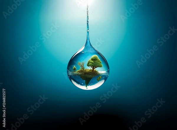 Fototapeta Water drop encapsulates a miniature world with a tree and land against a gradient blue background.  A conceptual image representing nature, environment, and the preciousness of life.