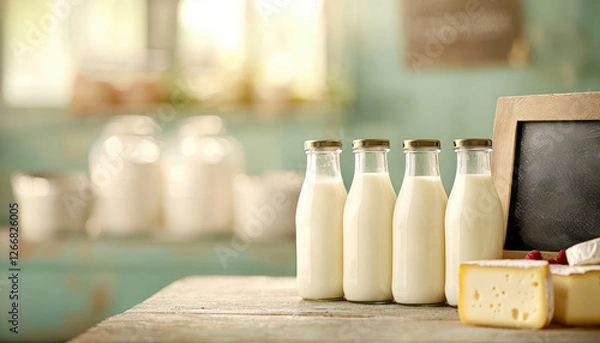 Fototapeta Local dairy products at the fresh market. Bottles of milk and cheese displayed on a rustic table in a cozy kitchen setting, with soft lighting enhancing the atmosphere.