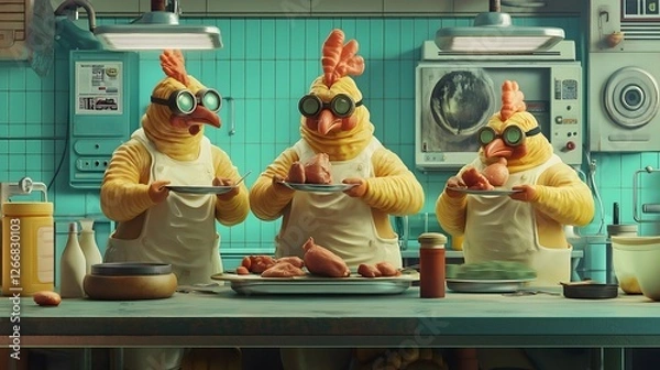 Fototapeta Chicken characters preparing meals in a colorful kitchen at a lively culinary gathering