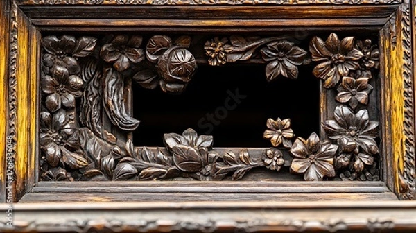 Fototapeta Ornate wooden frame with intricate floral carvings showcasing craftsmanship and artistry