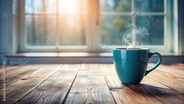 Fototapeta A steaming cup of warm beverage sits on a rustic wooden table, bathed in the soft glow of morning sunlight streaming through a nearby window.