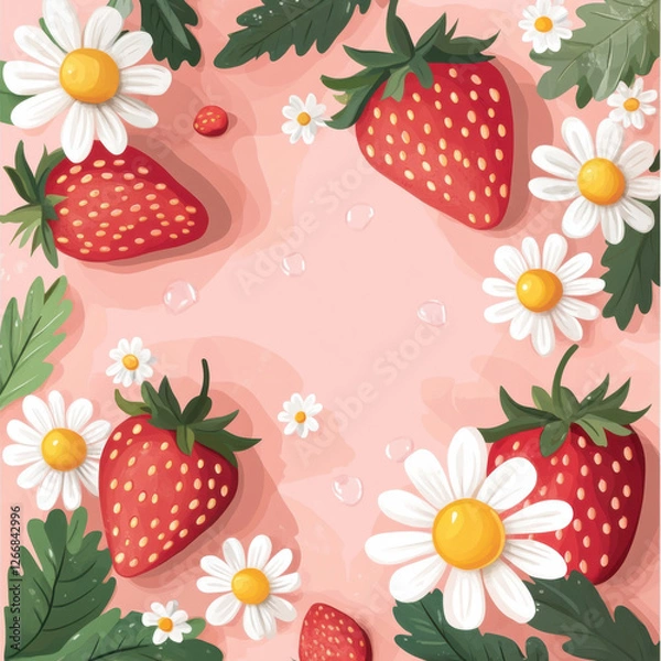 Fototapeta A cute card design , surrounded by strawberries and daisies on pink background. The style is flat illustration with playful colors,