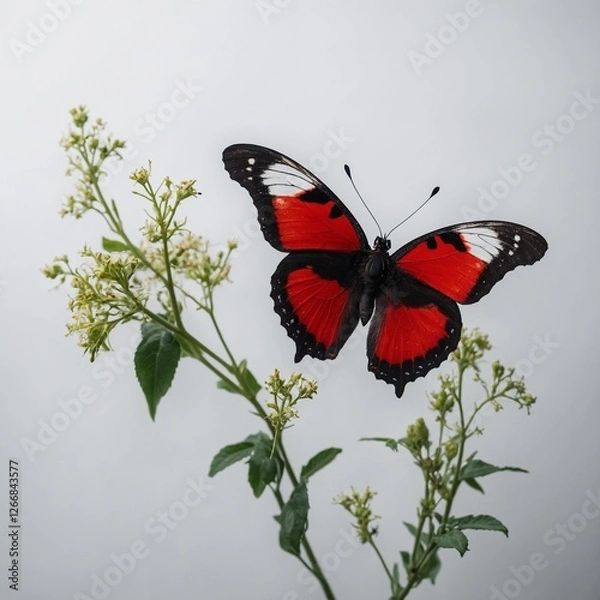Obraz A breathtaking black and red butterfly with a mystical aura, floating on a white background.