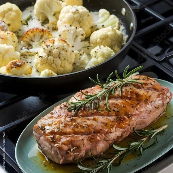 Obraz Pork Tenderloin 30-Minute Herb-Rubbed with Olive Oil, Rosemary, Garlic, Onion, Salt, and Pepper with Creamy Pan-Fried Cauliflower