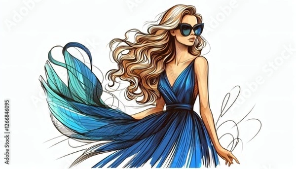 Fototapeta fashion illustration stylish woman classy long hair dress flowing chic glamorous sunglasses elegant