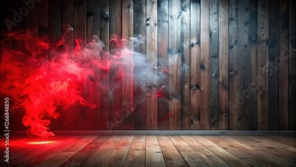 Fototapeta Mysterious Red and White Smoke Effect in a Room with Wooden Walls and Floor