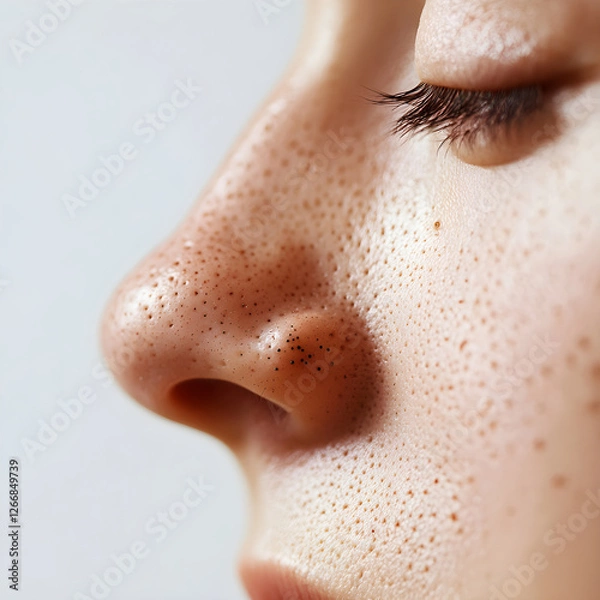 Fototapeta Woman with blackheads on nose and freckles showing skin problems