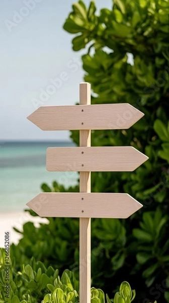 Fototapeta Elegant Aged wooden signs directing toward sea adventures beach cafes and island resorts with a turquoise sea in the distance 