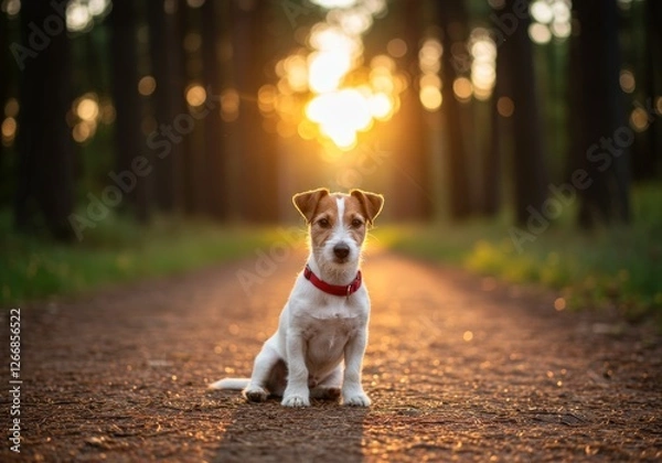 Fototapeta A small white and brown puppy with a red collar sits on a dirt path in a sunlit forest, surrounded by tall trees with a warm, golden glow.


