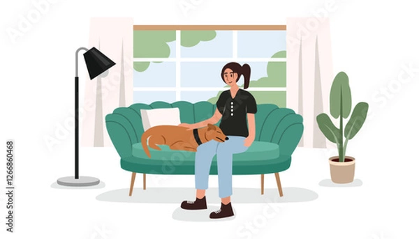 Fototapeta People with sleeping dog illustration. People and dog in the home. Cozy sofa. Woman and dog in the cozy home. Lamp. Sofa. Plant. dog with girl in home illustration.