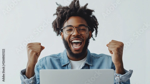 Fototapeta A focused image of a person with a laptop, showing an online diploma against a white backdrop.