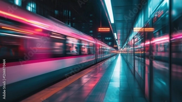 Fototapeta A vibrant, dynamic subway scene showcasing a moving train amidst colorful lighting and a sleek, reflective platform.