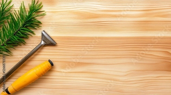 Obraz Gardening Tools and Pine Branch on Wooden Surface