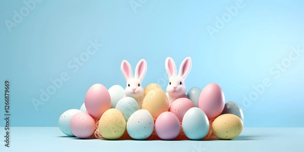 Fototapeta Easter background with a cute bunny and pastel colored eggs on background with copy space 
