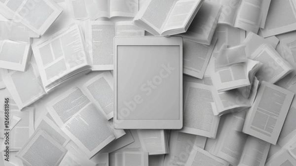 Fototapeta High-def image of an E-Book reader with surrounding open books for online course promotion.