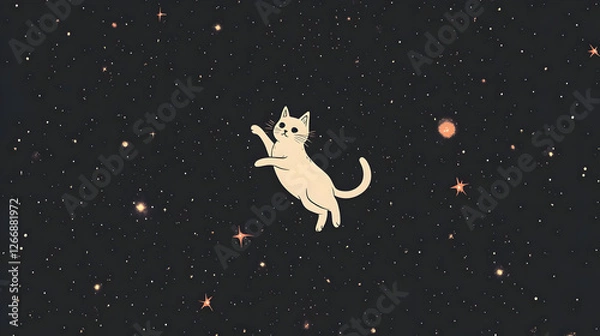 Fototapeta Cosmic Cat: A whimsical illustration of a cat floating among the stars.
