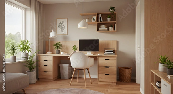 Fototapeta Modern Home Office Setup with Computer Desk and Natural Light