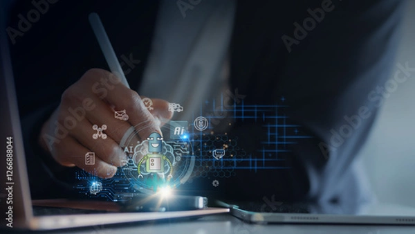Fototapeta Generate AI technology, Artificial Intelligence. assistant technology smart robot AI for data management and Translate language. Conversation with AI by speech, chat, video, picture, text, and voice.