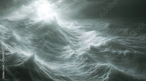 Fototapeta Turbulent seascape with majestic swells illuminated by celestial light