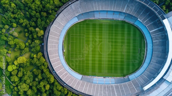 Fototapeta Aerial view of large sports stadium surrounded by greenery, showcasing field