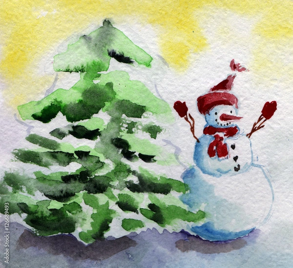Obraz Snowman and Christmas tree