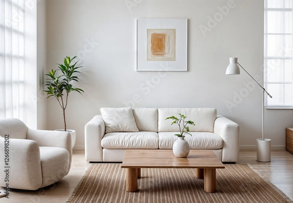 Obraz This image features a modern, minimalist living room with white walls, a white sofa, an armchair, and a wooden coffee table.