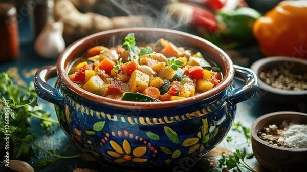 Fototapeta A colorful ceramic cooking pot filled with a steaming vegetable stew, surrounded by fresh ingredients like herbs and spices, showcasing a cozy home-cooking atmosphere.
