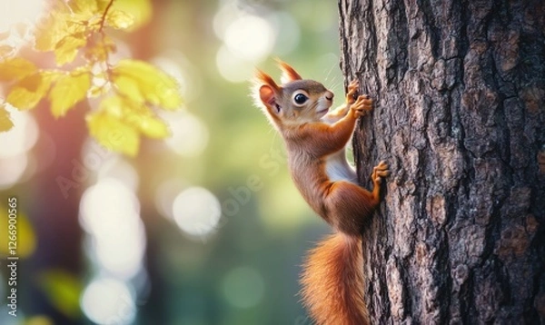 Fototapeta Squirrel climbing tree in forest with soft sunlight and blurred background