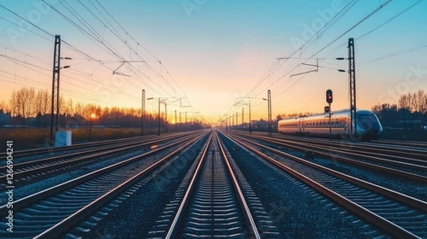 Fototapeta A panoramic view of the train tracks stretching into the horizon, with a high-speed train approaching, symbolizing connectivity and progress in transportation.