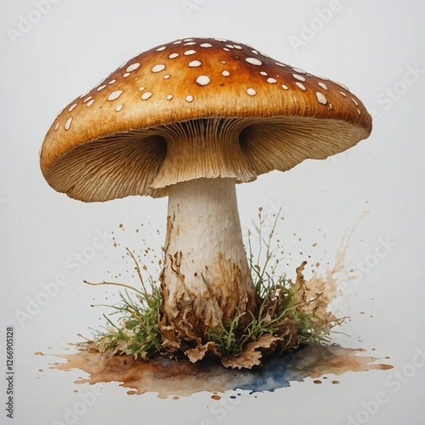 Obraz "A golden-brown mushroom with an artistic watercolor effect, set against a white background."