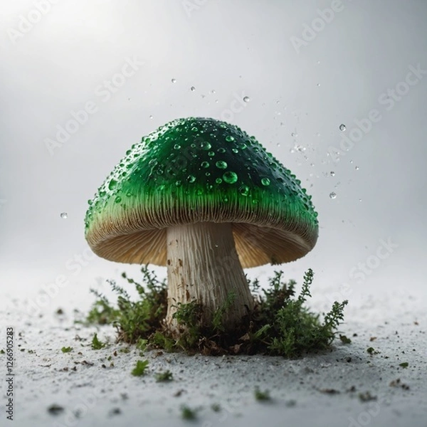 Obraz "A fantasy glowing green mushroom with magical dust particles, on a pure white background."