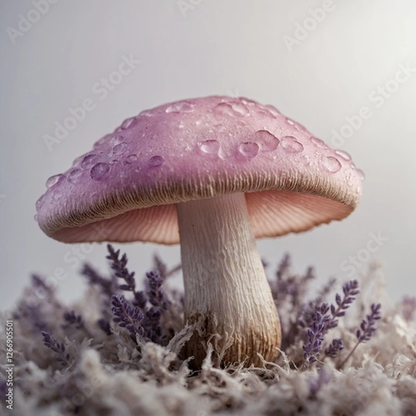 Obraz "A soft pink and lavender mushroom with dreamy lighting, on a pure white background."