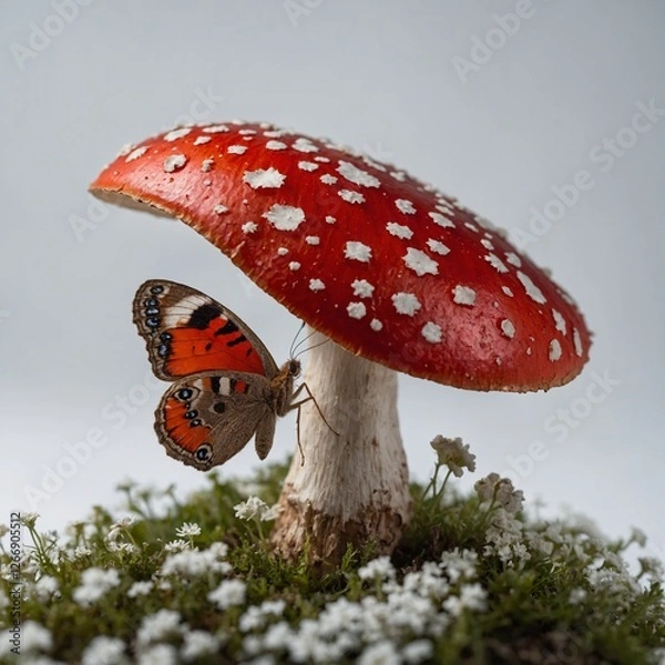 Obraz "A charming red mushroom with a butterfly resting on top, beautifully detailed, on a white backdrop."