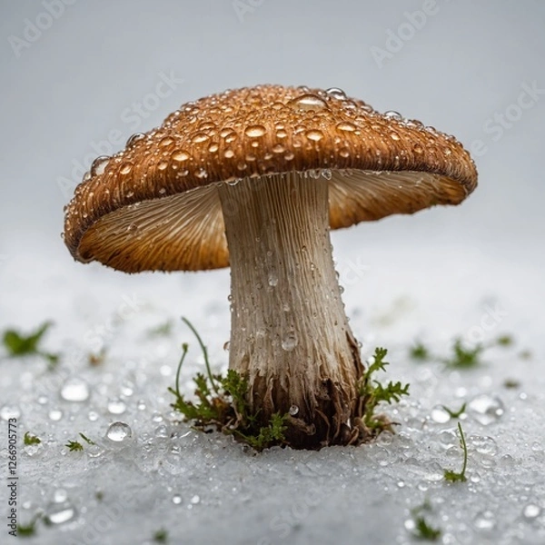 Obraz "A wild forest mushroom with delicate dewdrops on it, isolated on a clean white backdrop."