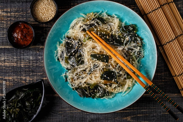 Obraz Funchoza salad with wakame on dark background.