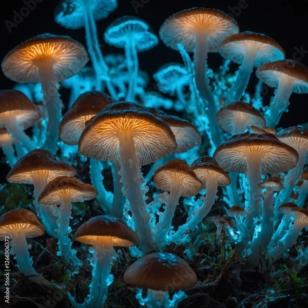 Obraz "A cluster of glowing bioluminescent mushrooms, detailed and realistic, against a pure white background."