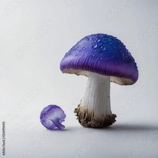 Obraz "A magical blue and purple mushroom with a translucent cap, set against a pure white background."