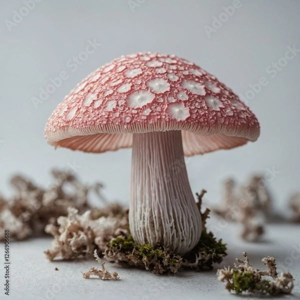 Obraz "A delicate pink and white mushroom with intricate gills, placed on a white background."