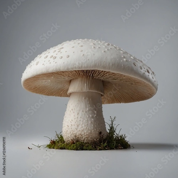 Obraz "A large, elegant white mushroom with soft lighting, ultra-realistic, on a clean white background."