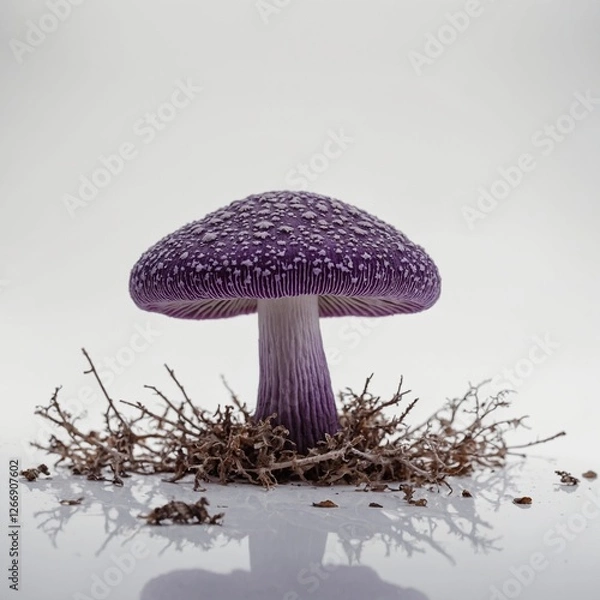 Obraz "A rare and exotic purple mushroom with delicate patterns, isolated on a white background."