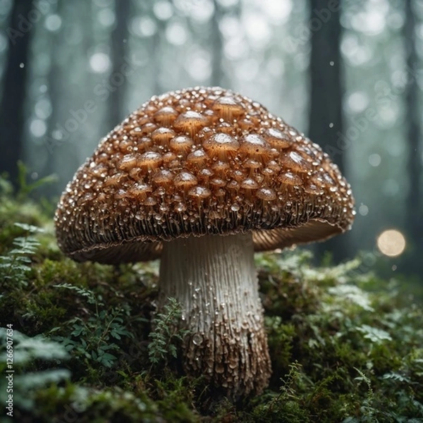 Obraz "An enchanted forest mushroom with tiny sparkling details, beautifully detailed, on a white backdrop."