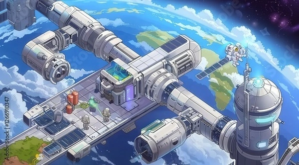 Fototapeta Space station scene with scientists working, Earth background. Science, Research, Projects